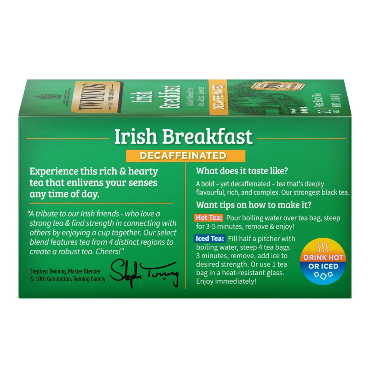 Box of Irish Breakfast Decaffeinated tea with green and white design
