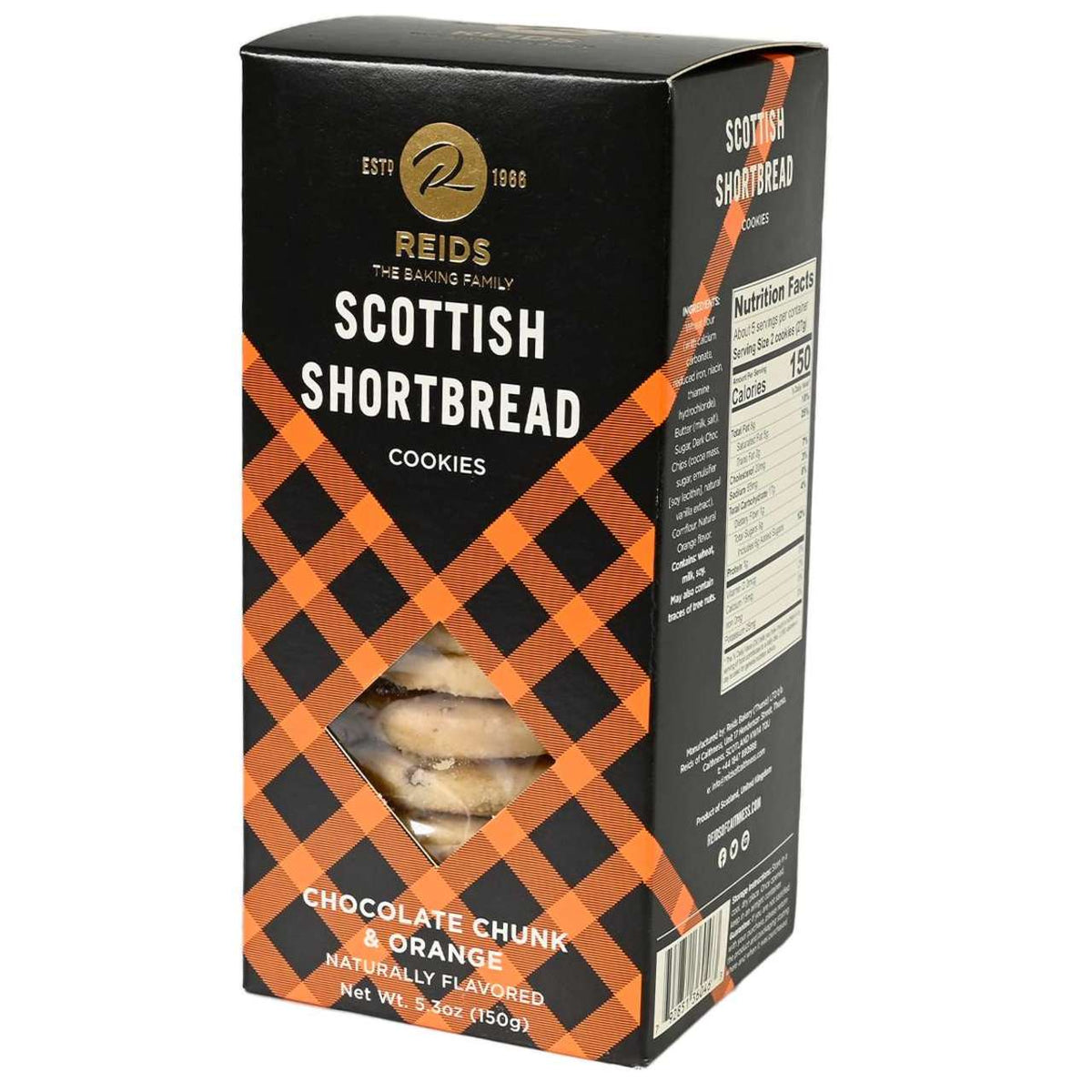 A carton of Reids of Caithness Scottish Shortbread cookies with Chocolate Chunk & Orange flavor.