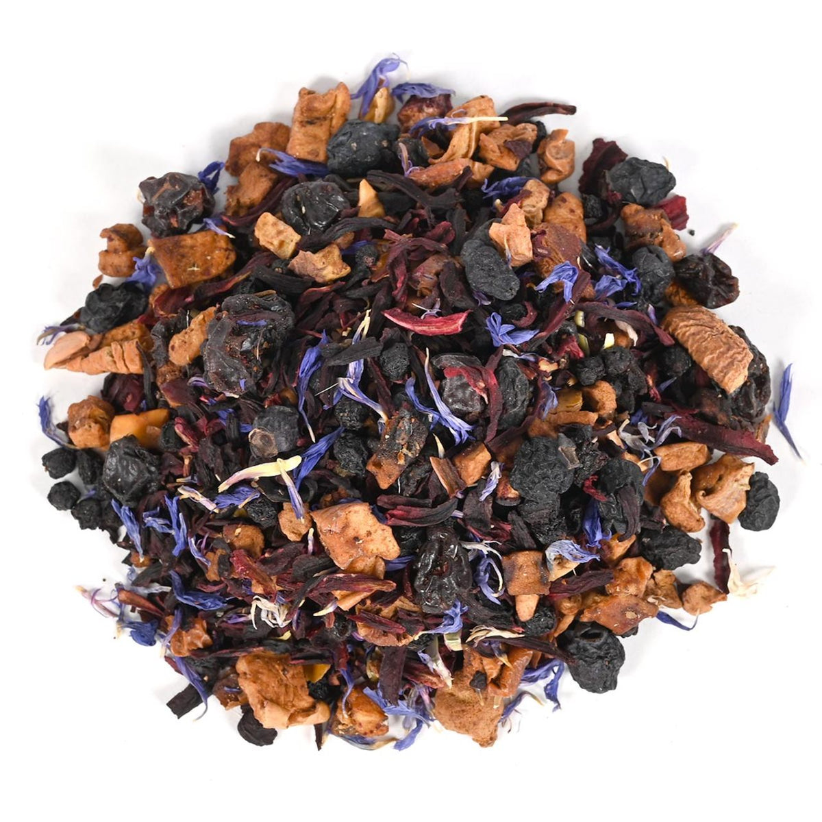 A pile of loose-leaf herbal tisane mixed dried fruit pieces.