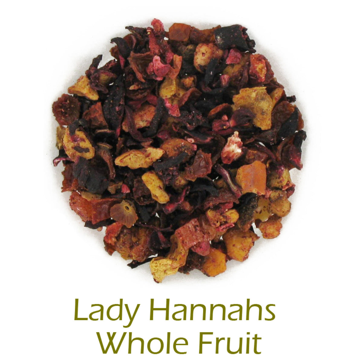 Lady Hannahs Whole Fruit loose-leaf tisane on a white background with product name caption