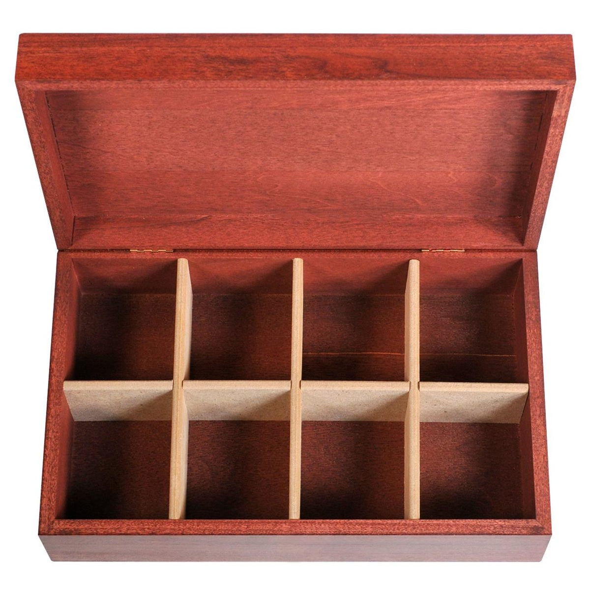 Top-down view of an open cherry wood tea box chest with 8 compartments.