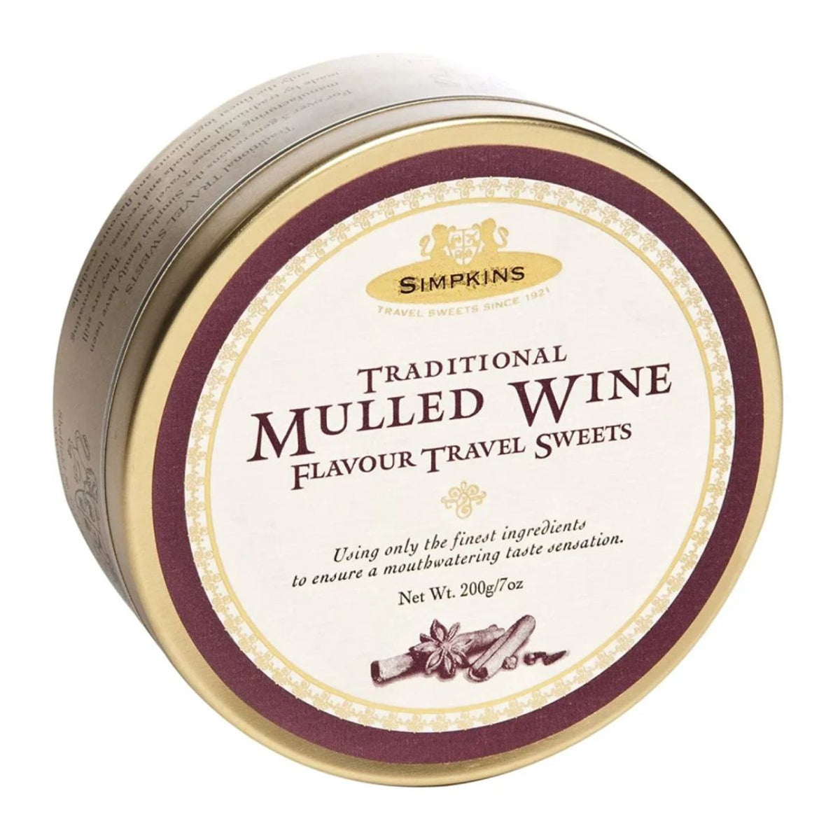 Simpkins Traditional Mulled Wine Flavour Travel Sweets tin on a white background