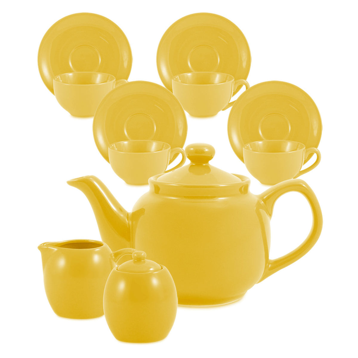 Yellow ceramic teapot set with cups, saucers, and creamer on a white background