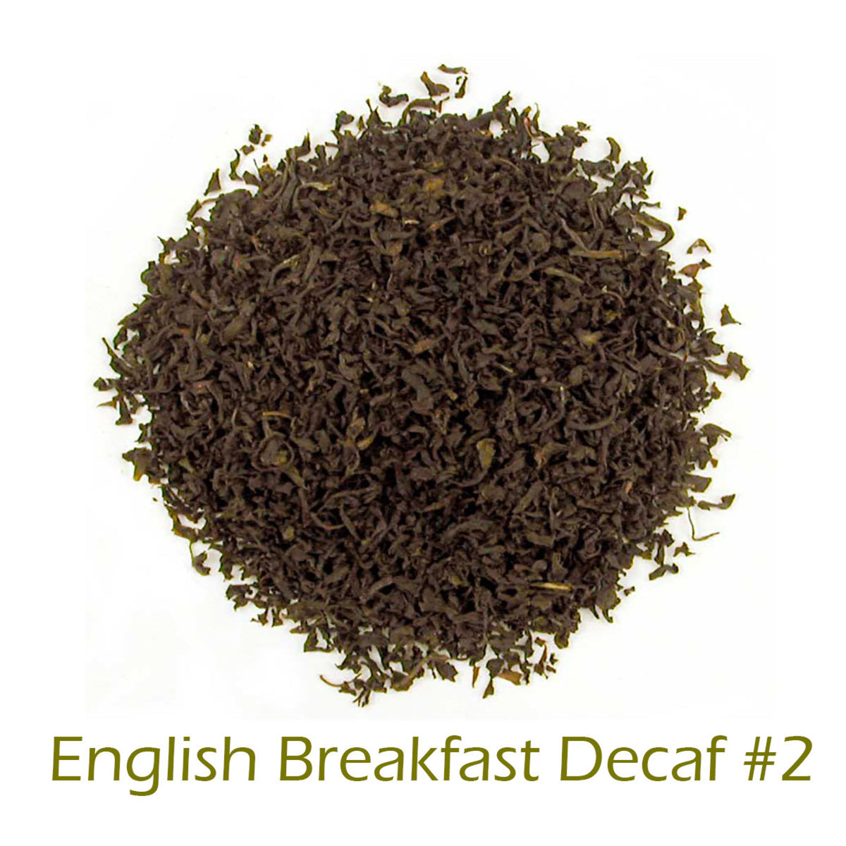 Tea leaves with 'English Breakfast Decaf #2' text on a white background