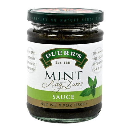 Jar of Duerr's Mint Sauce with a white label and green accents on a white background