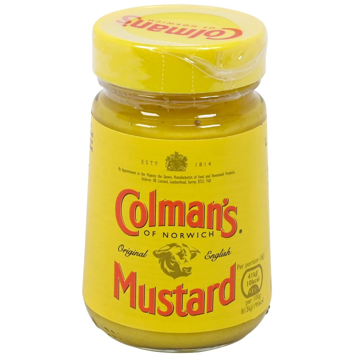 Jar of Colman's Mustard with yellow lid on a white background