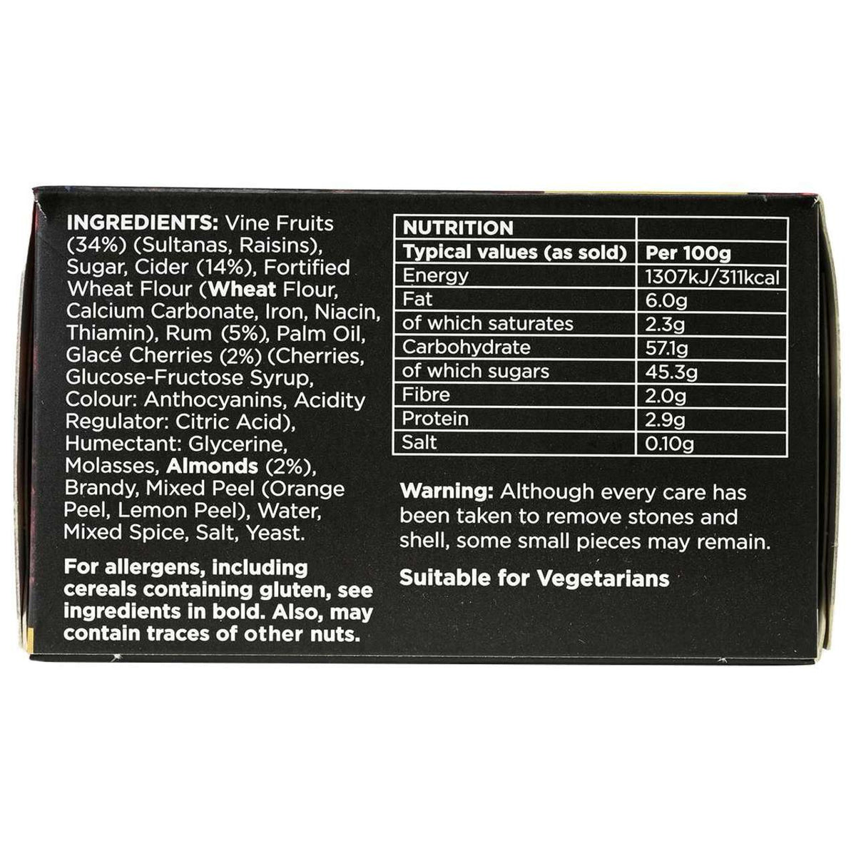 Side view of a box of Mathew Walker Chrstimas pudding featuring nutrition facts and ingredients.