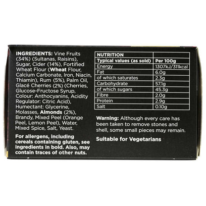Side view of a box of Mathew Walker Chrstimas pudding featuring nutrition facts and ingredients.