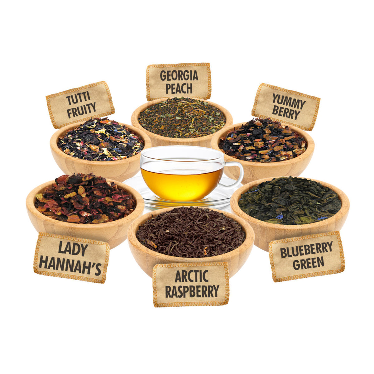 Assorted types of tea in wooden bowls with labels on a white background