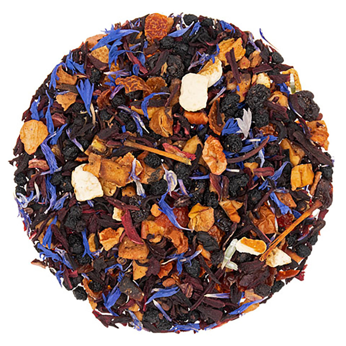 Tea ball with assorted dried tea leaves on a white background