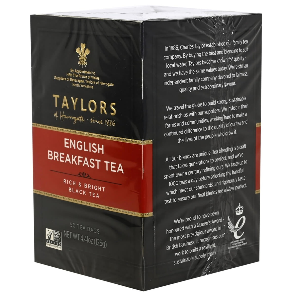 Box of Taylors English Breakfast Tea with branding and product details.