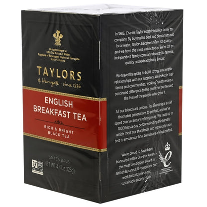 Box of Taylors English Breakfast Tea with branding and product details.