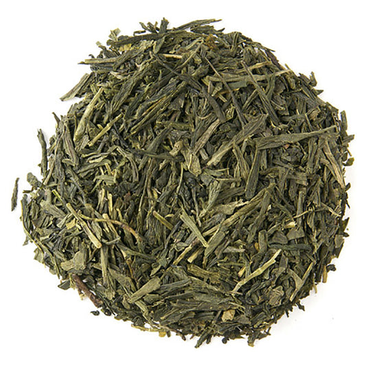 A pile of dried loose leaf Japanese Sencha green tea.