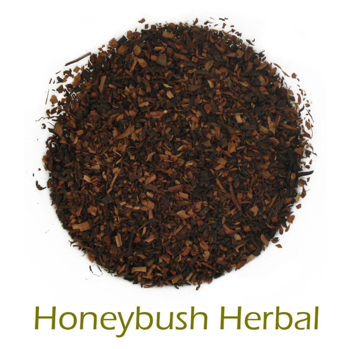 Honeybush Herbal loose-leaf tea on a white background with product title text callout at bottom