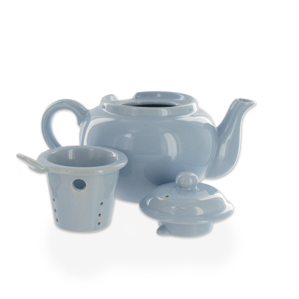 Blue ceramic teapot with lid and infuser on a white background