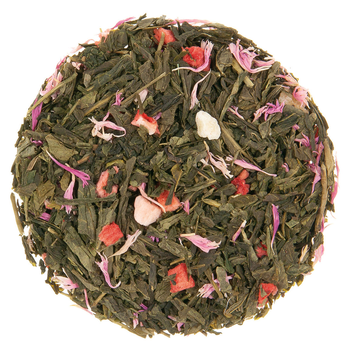 Green tea leaves with dried red fruit pieces and other fruit pieces along with light purple and pink flower petals intertwined on a white background.