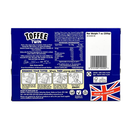 Packaged toffee twin treats with Walker's Chocolates branding featuring nutrition information and breaking toffee instructions.