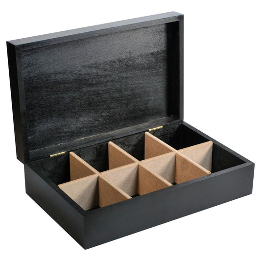 Black wooden tea chest box with six compartments on a white background