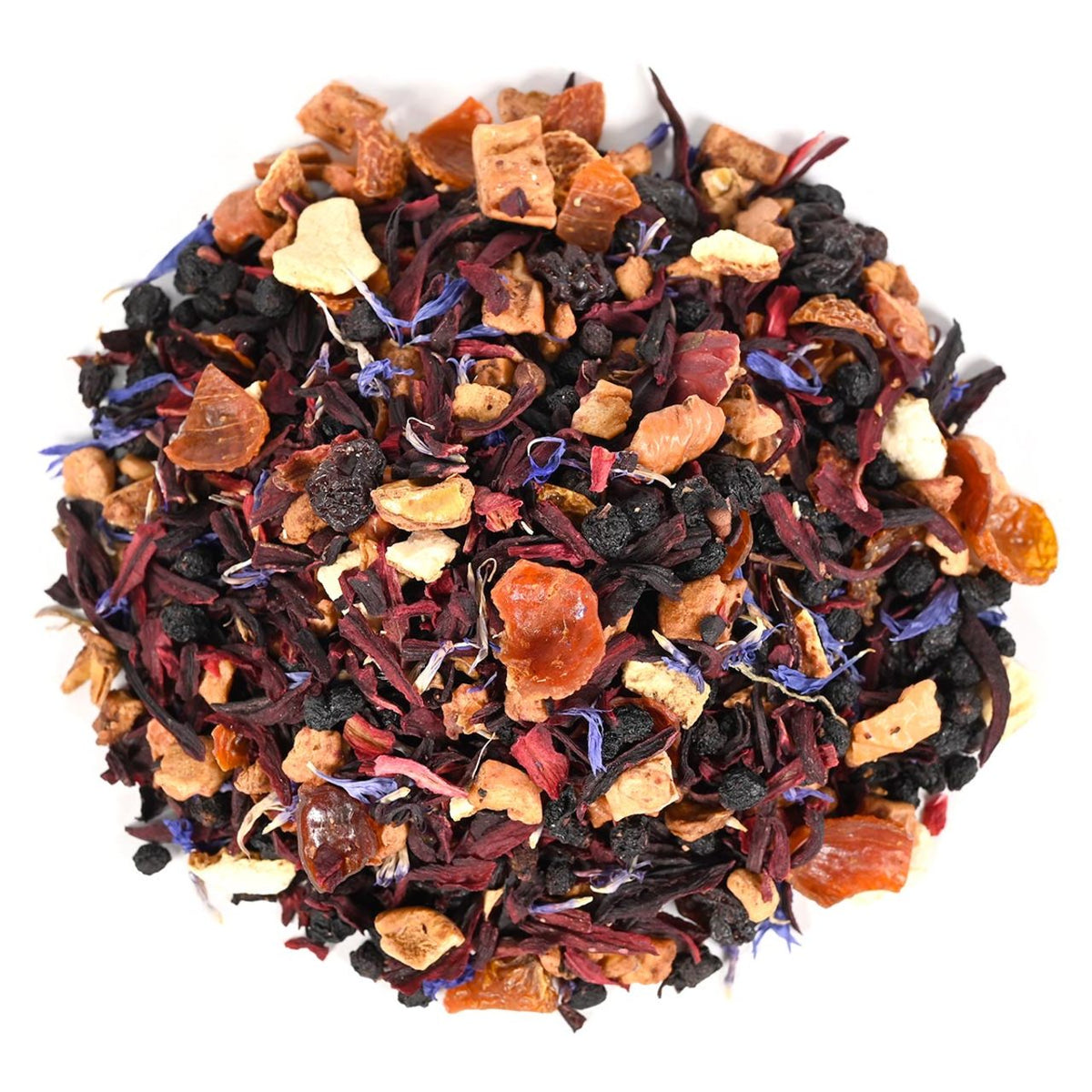 Assorted dried tea leaves, fruit pieces, and blue flower petals on a white background