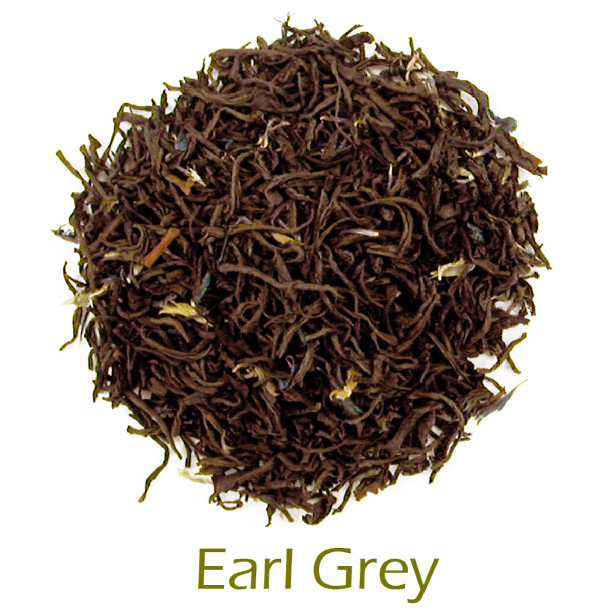 Earl Grey loose-leaf tea on a white background with product title text callout at bottom