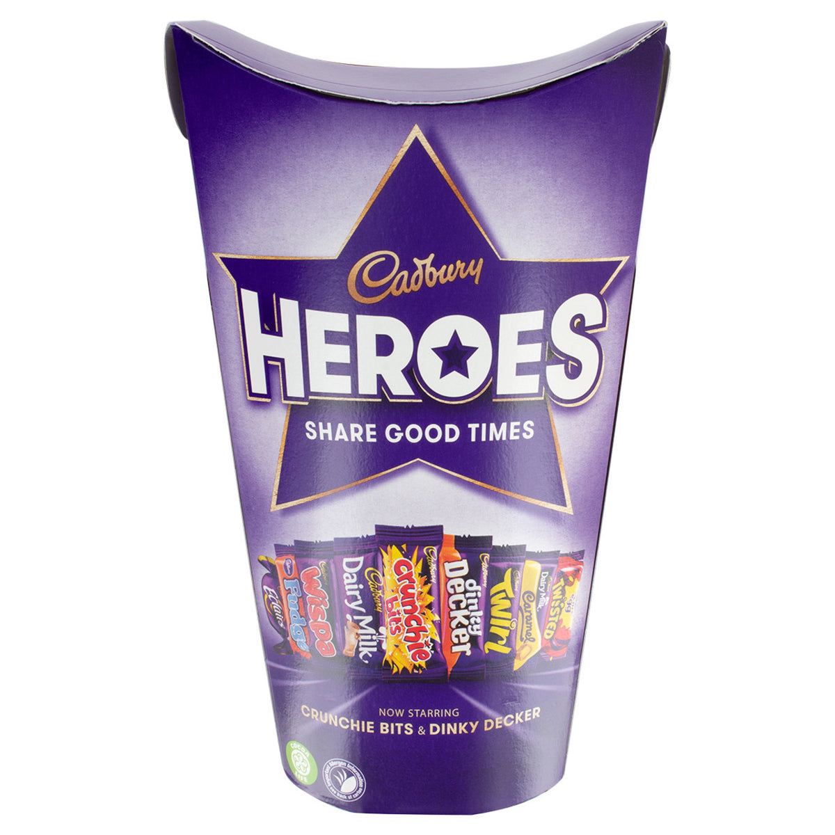 Purple packaging of Cadbury Heroes with colorful candy bars on a white background