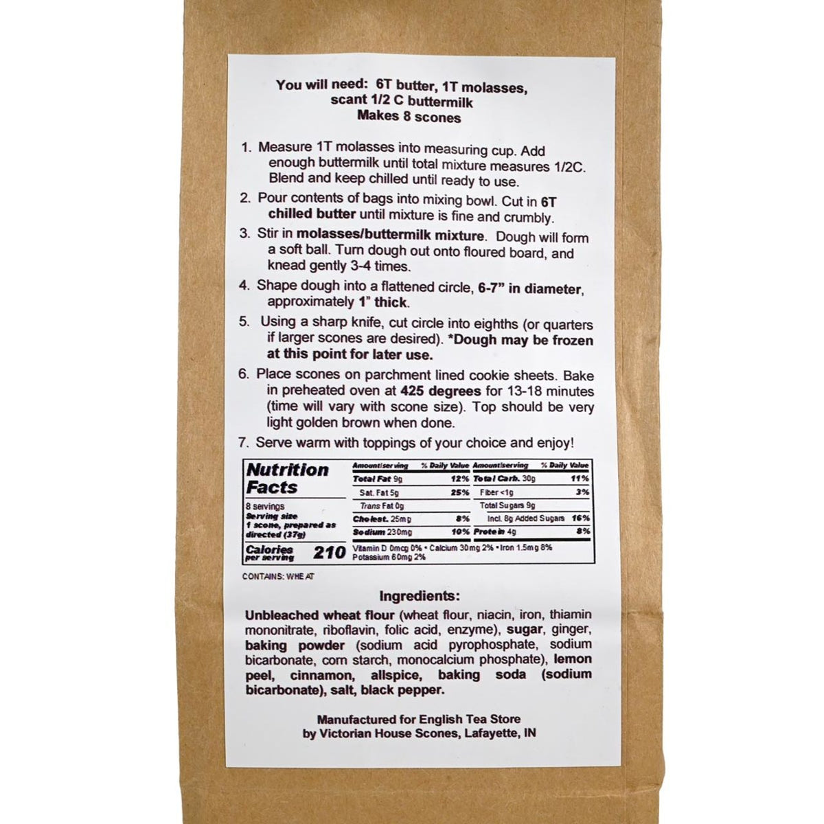 Kraft paper package of Gingerbread Scone mix with a label featuring instructions and nutrition all on a white background