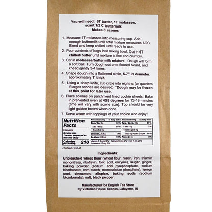 Kraft paper package of Gingerbread Scone mix with a label featuring instructions and nutrition all on a white background