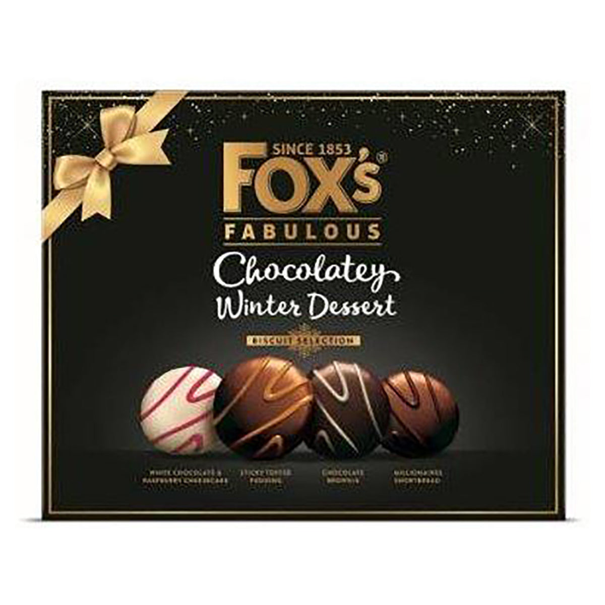 Fox's Fabulous Chocolatey Winter Dessert box with gold bow and chocolate truffles on a black background