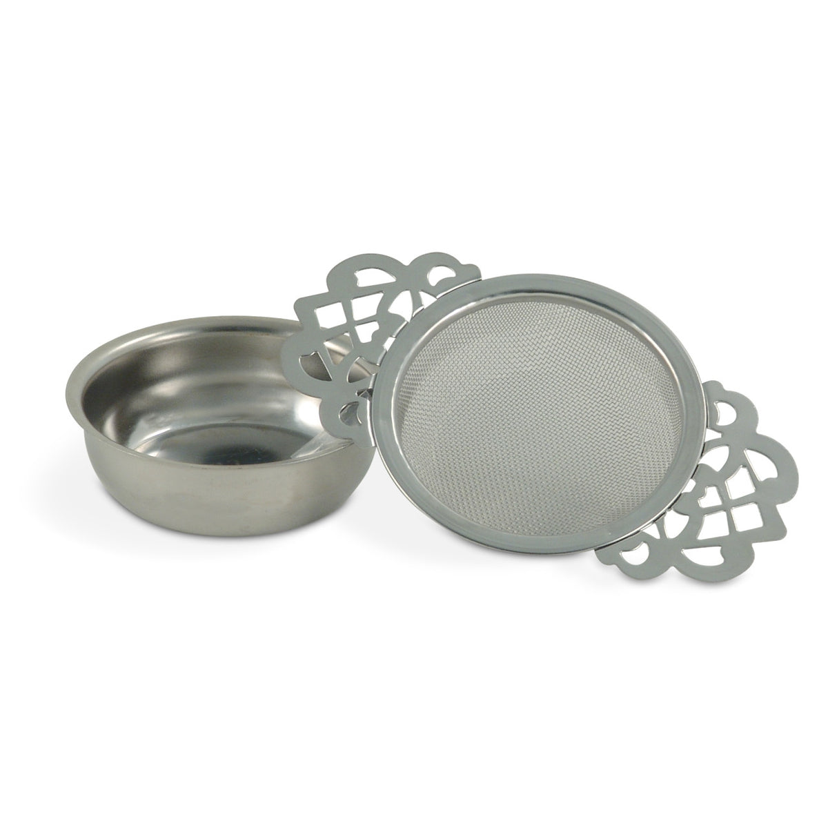 Metal tea strainer with decorative lid on a white background