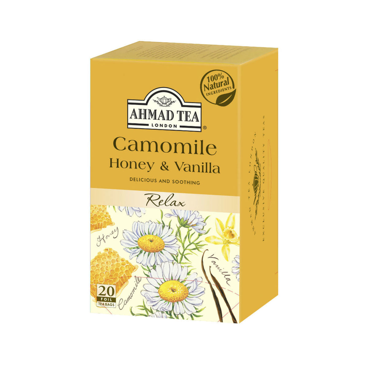 Box of Ahmad Tea Camomile Honey & Vanilla tea on a white background