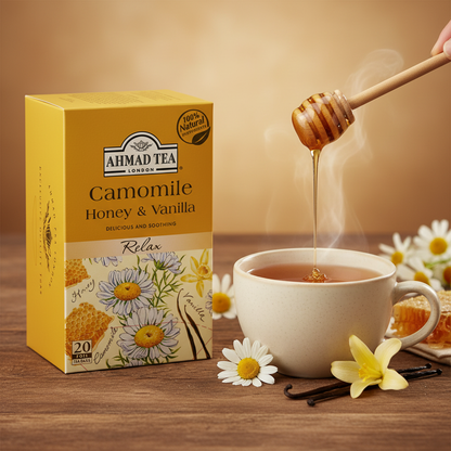 Ahmad Tea Camomile Honey & Vanilla box with a steaming cup of tea, honey being drizzled, and flowers on a wooden surface.
