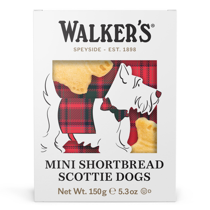 Box of Walker's Mini Shortbread Scottie Dogs with a red and black plaid pattern on a white background.