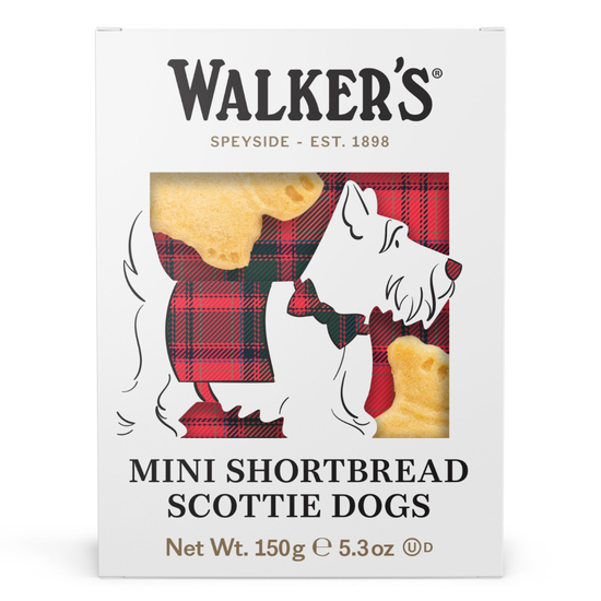 Box of Walker's Mini Shortbread Scottie Dogs with a red and black plaid pattern on a white background.