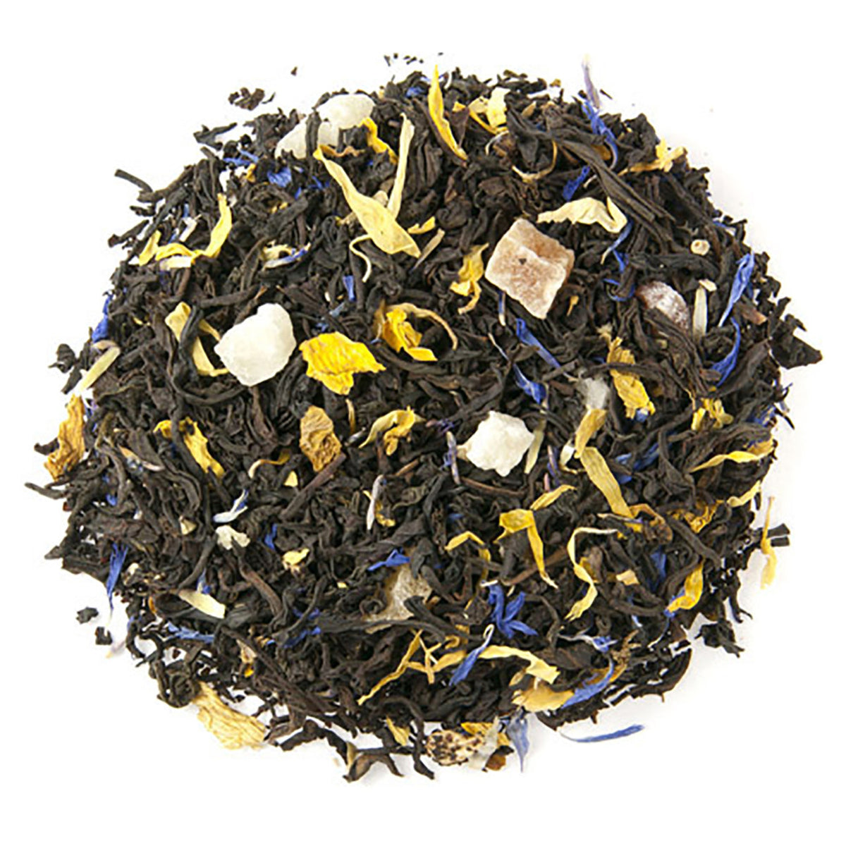 A close-up of Blue Lady Flavored Black Tea loose leaf, showing the tea leaves and pieces of fruit and petals blended together.