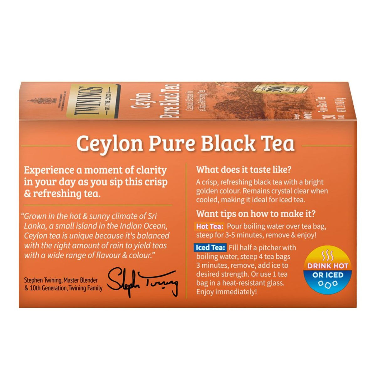 Box of Twinings Ceylon Pure Black Tea with branding and brewing instructions.