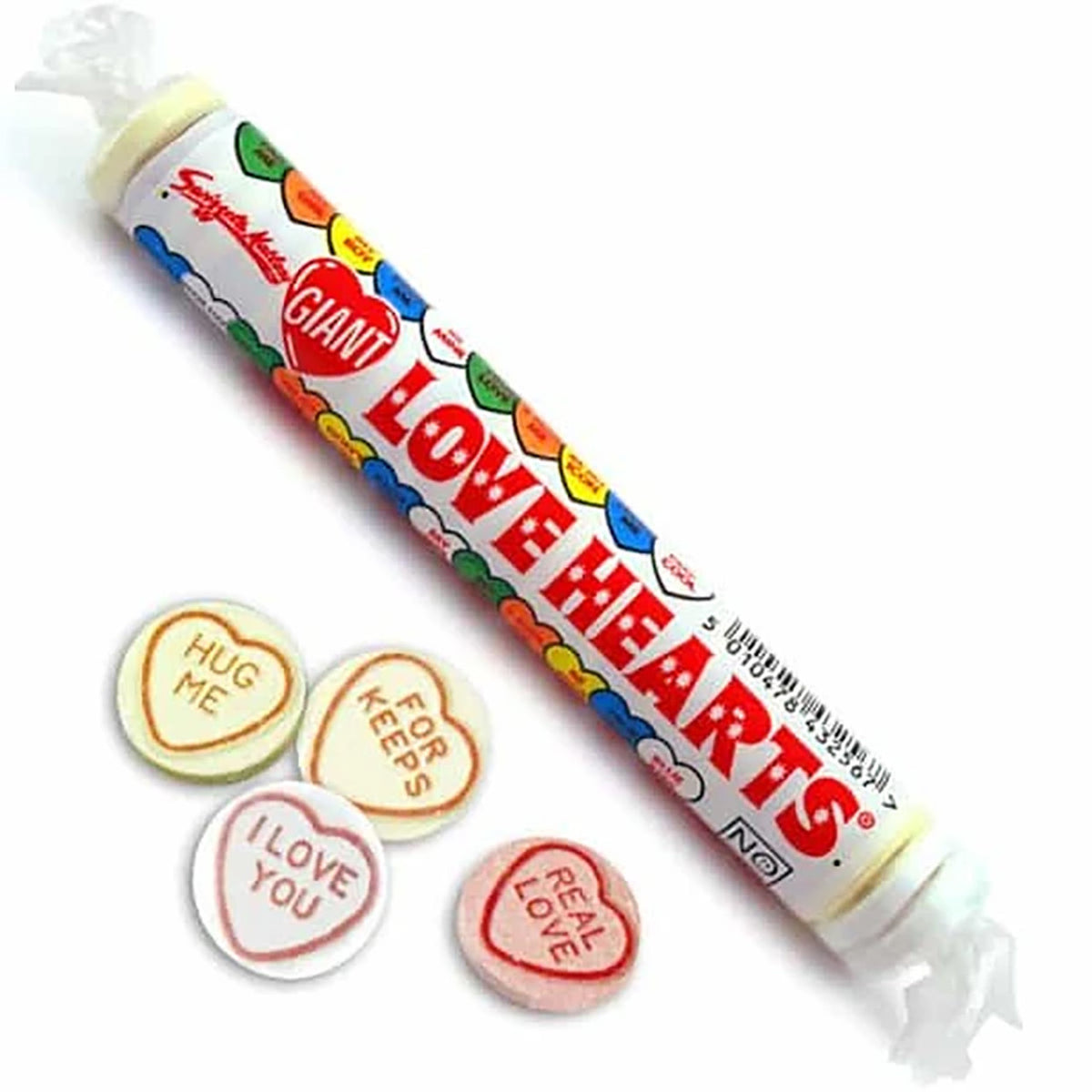 Giant packet of Love Hearts candy with colorful packaging on a white background