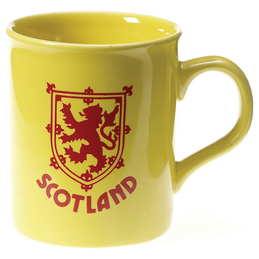 Yellow mug with red lion emblem and 'Scotland' text on a white background