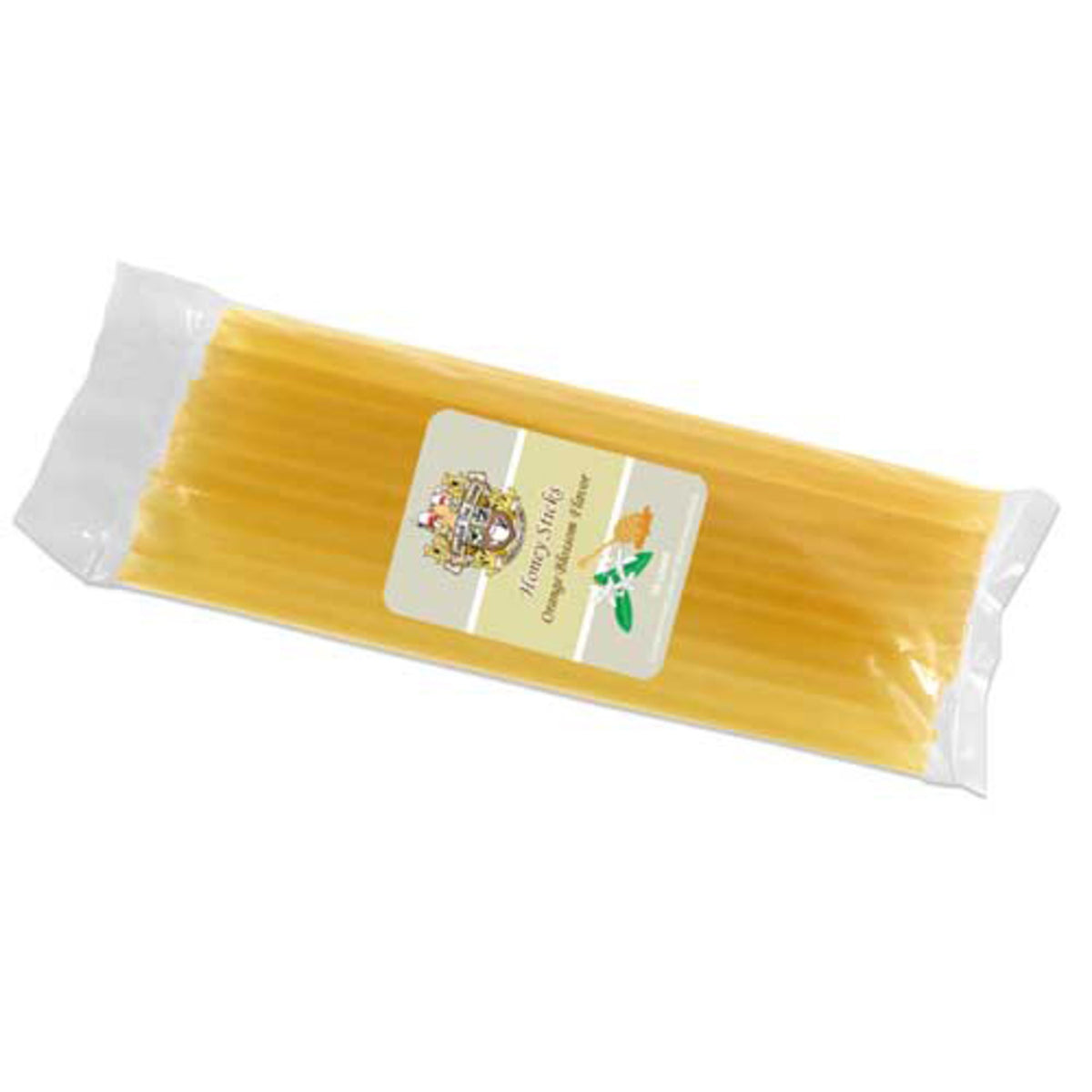 Packaged honey sticks with a label on a white background