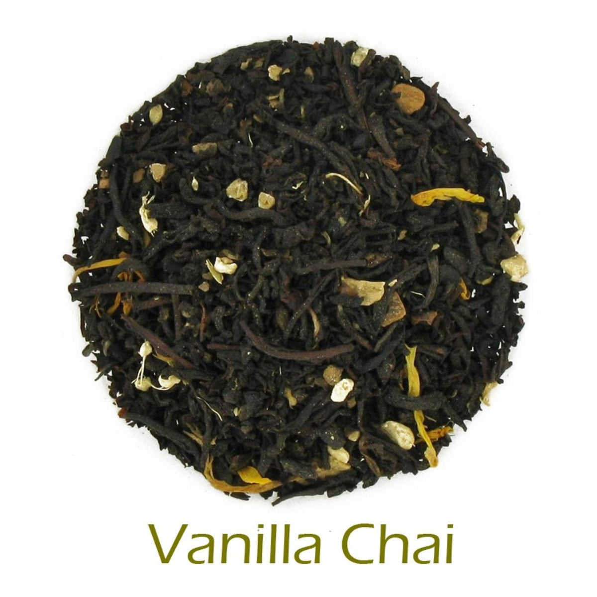 Vanilla Chai loose-leaf tea on a white background with product name caption