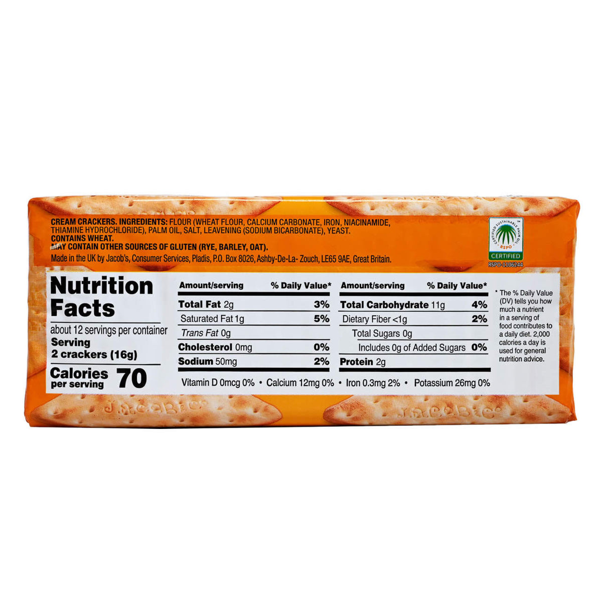 Nutrition facts label on a package of crackers with an orange background
