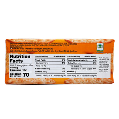 Nutrition facts label on a package of crackers with an orange background