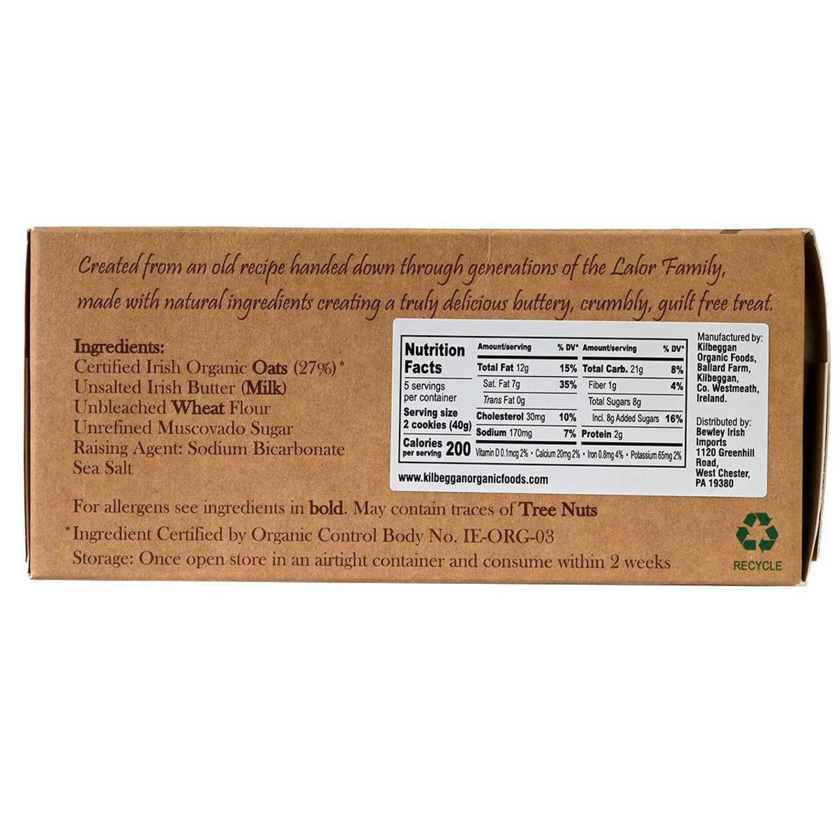 Back of a brown box of Kilbeggan Irish Oat Cookies with text and nutrition label on a white background