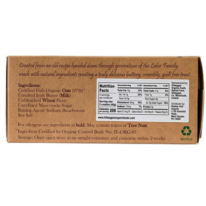 Back of a brown box of Kilbeggan Irish Oat Cookies with text and nutrition label on a white background