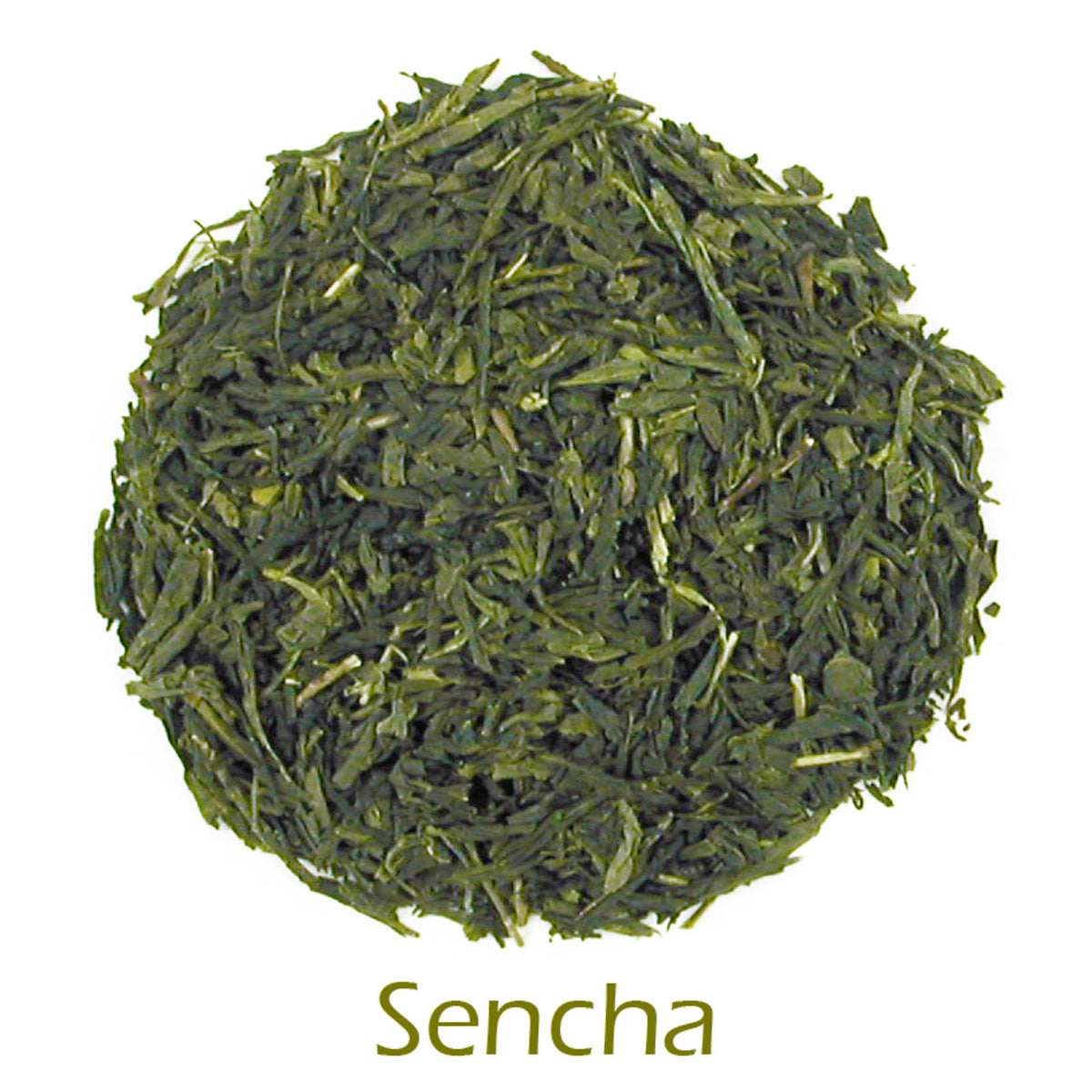 Sencha loose-leaf tea on a white background with product title text callout at bottom