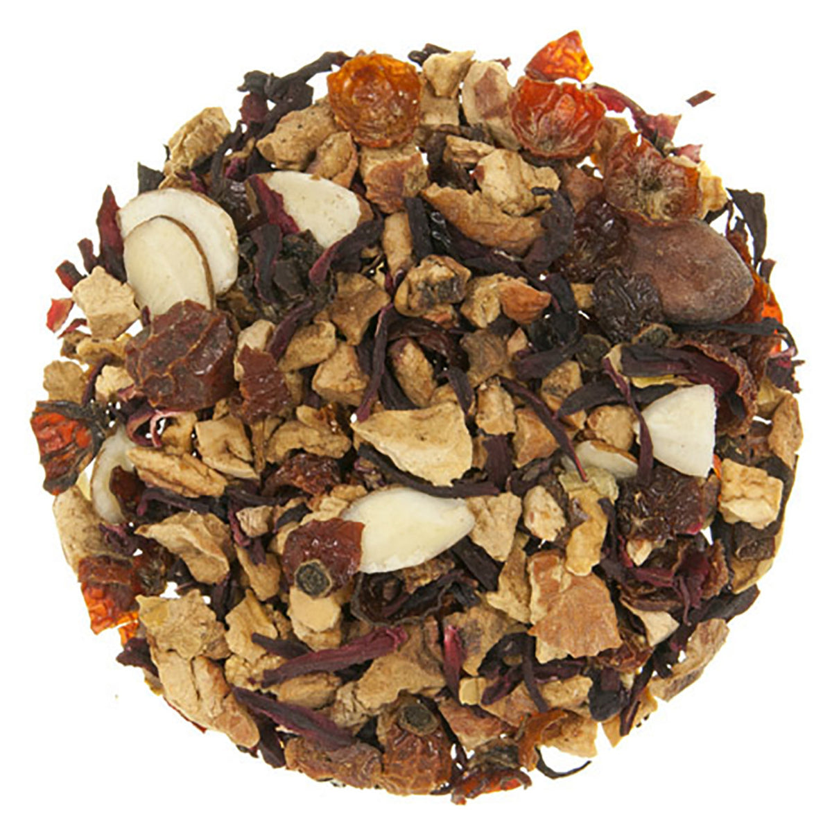Mixture of dried fruits and tea leaves on a white background