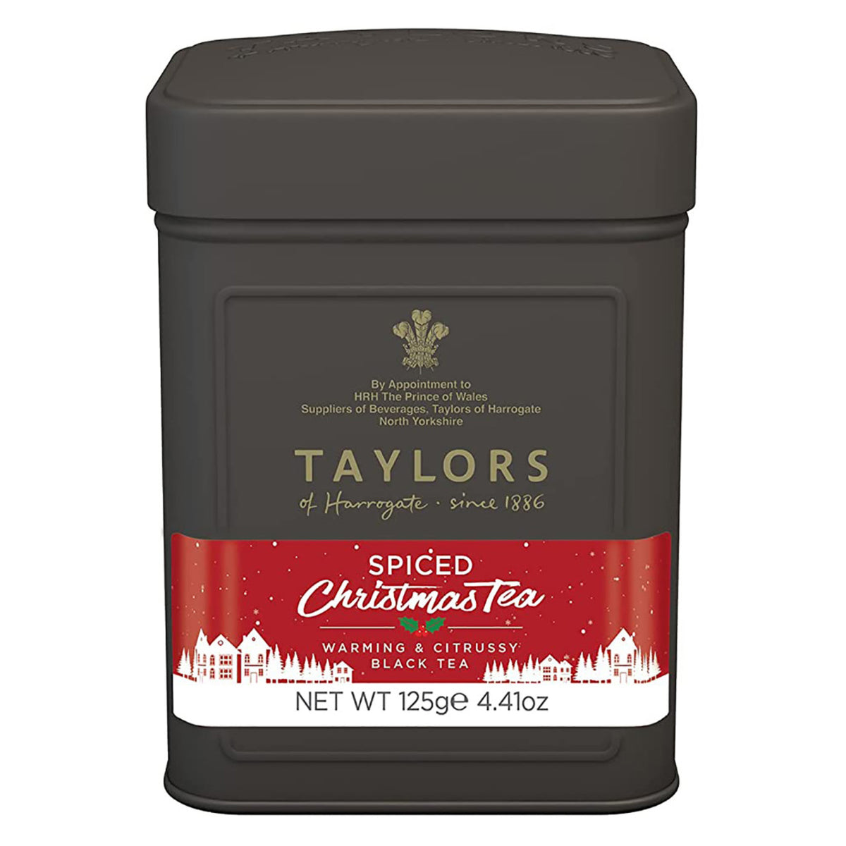 Taylors of Harrogate spiced Christmas tea tin on a white background