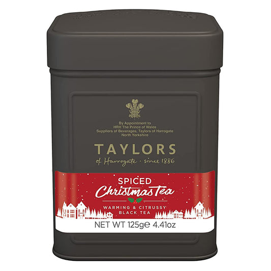 Taylors of Harrogate spiced Christmas tea tin on a white background