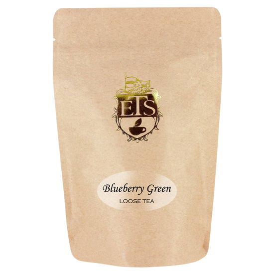 Kraft paper bag with ETS logo and label for Blueberry Green Loose Tea