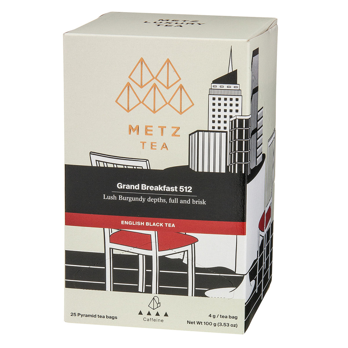 A box of Metz Grand Breakfast Tea featuring black and white illustrations of a city skyline and a chair with a red cushion.