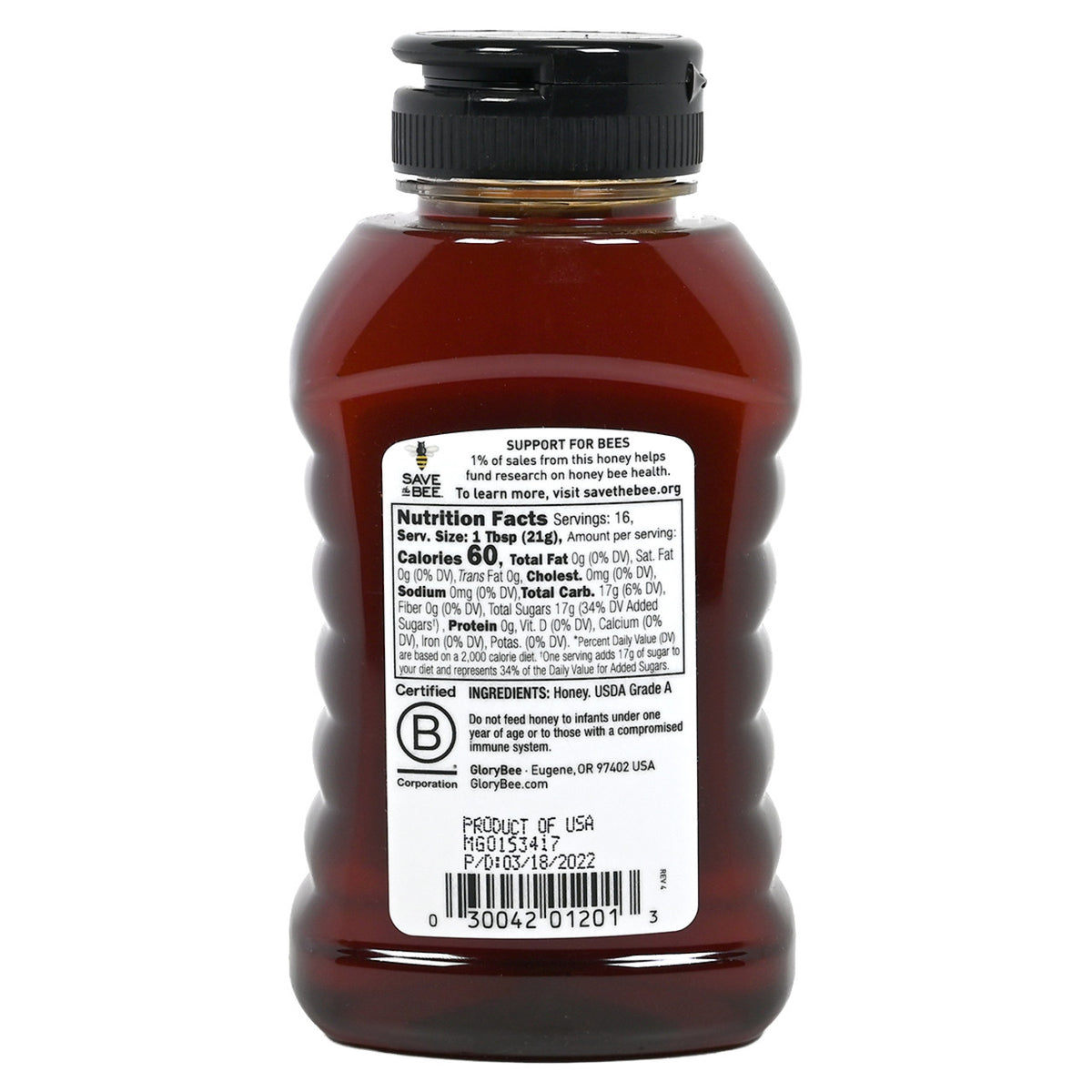 GloryBee honey bottle with label on a white background